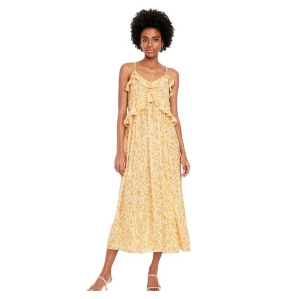 Old Navy Y2K Babydoll Maxi Dress Womens 2X Butter Yellow Floral Ruffle Summer